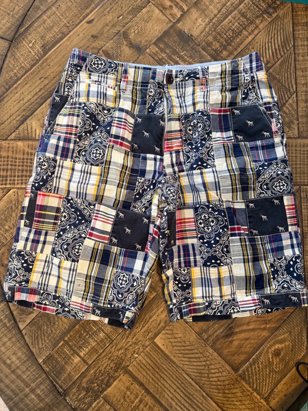 ✨ Y2K J. Crew Navy, Yellow & Red Patchwork Plaid Men's Field Shorts